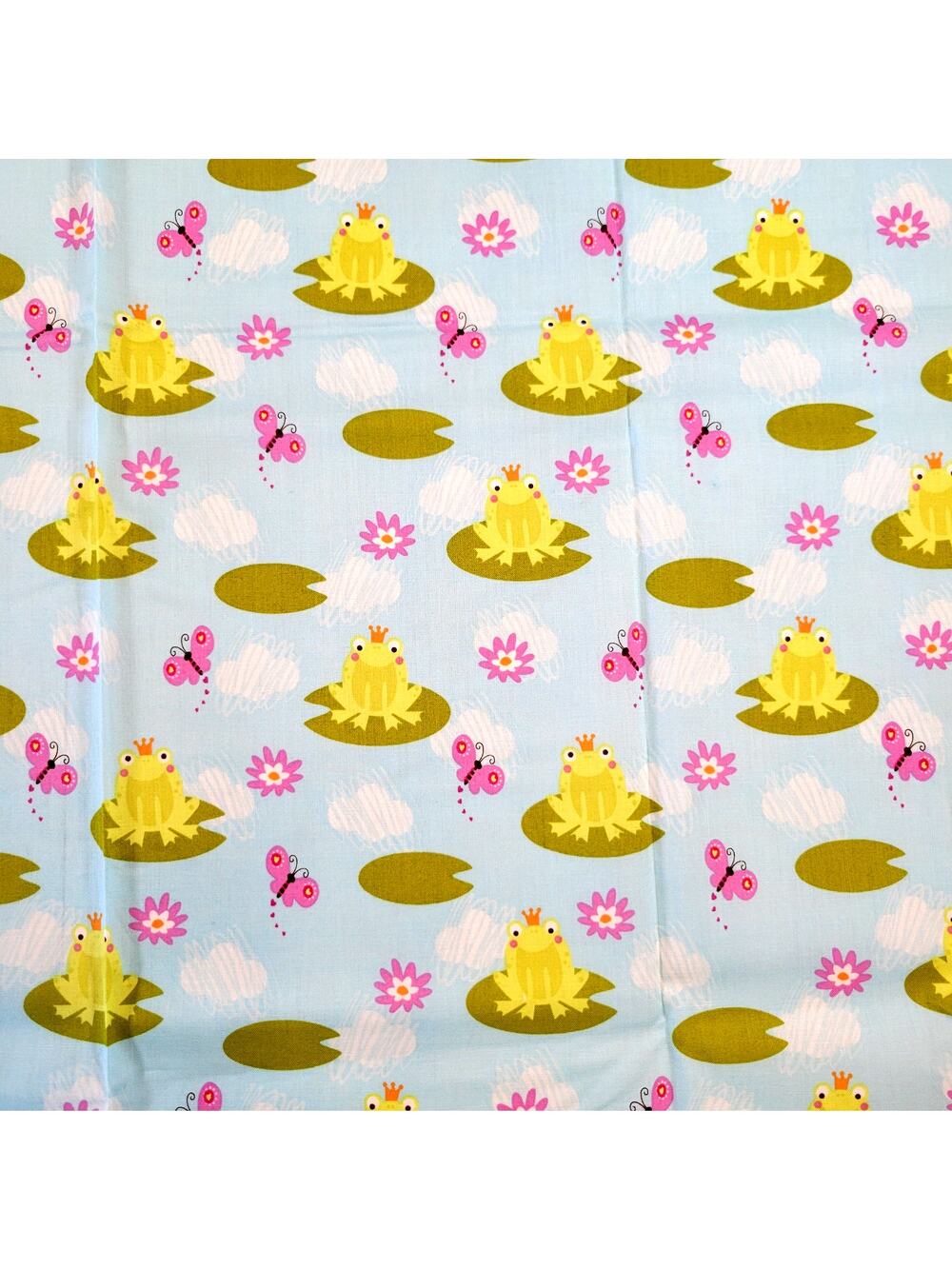 Cotton Fabric Frogs Lilies Butterflies Half Yard 18" x 44" Kidcore Blue Green